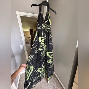 Prom or wedding dress. Black and green swirls. Halter. Size 4. Polyester.